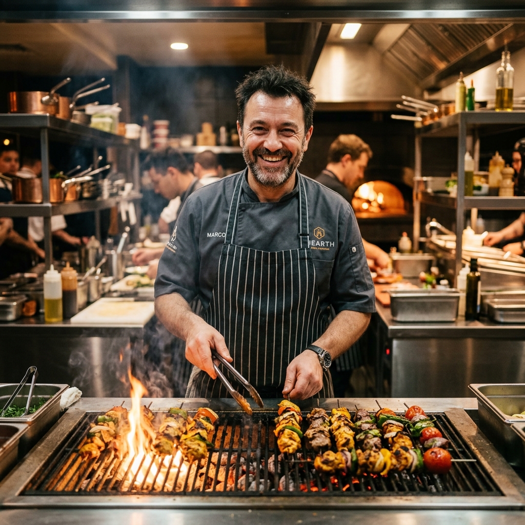 Chef grilling kebabs